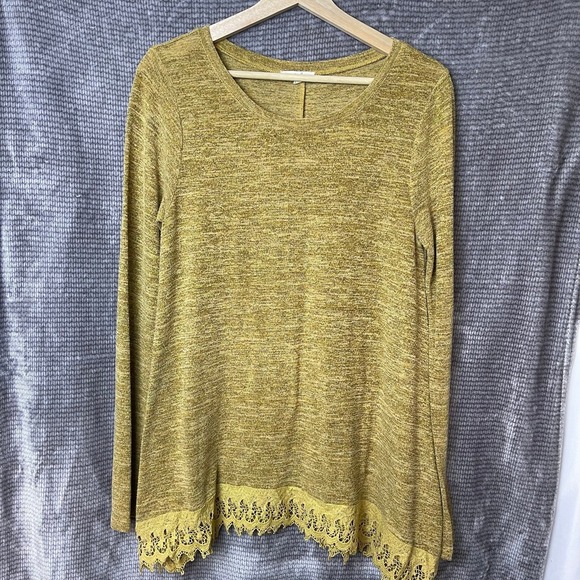 easel Tops - Easel Longsleeve Top Women Boho S Mustard Yellow Lace Trim Layering Tunic Casual